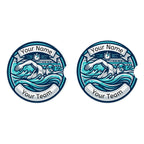 Two circular car coasters with swimmer graphics and customizable text on a white background