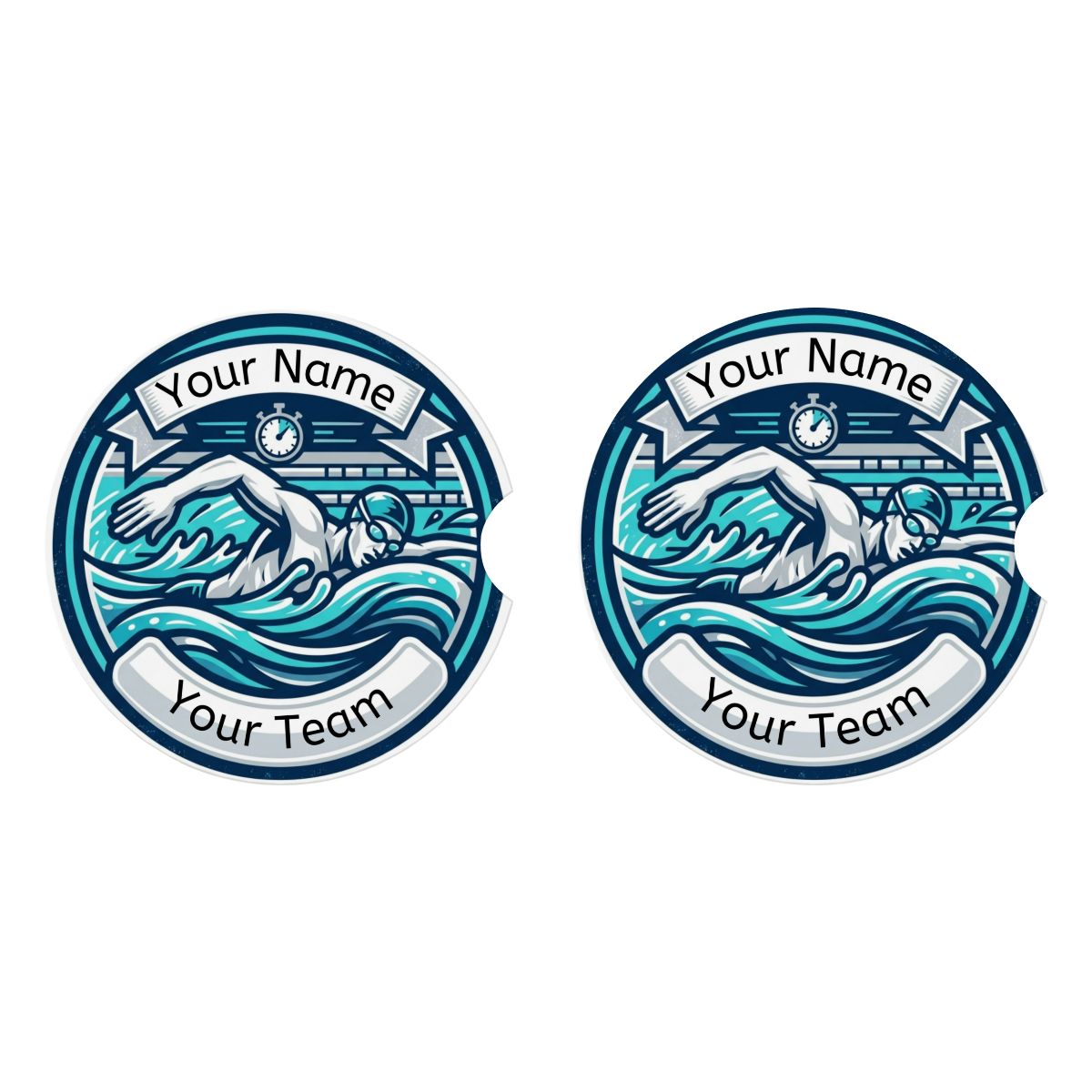 Two circular car coasters with swimmer graphics and customizable text on a white background