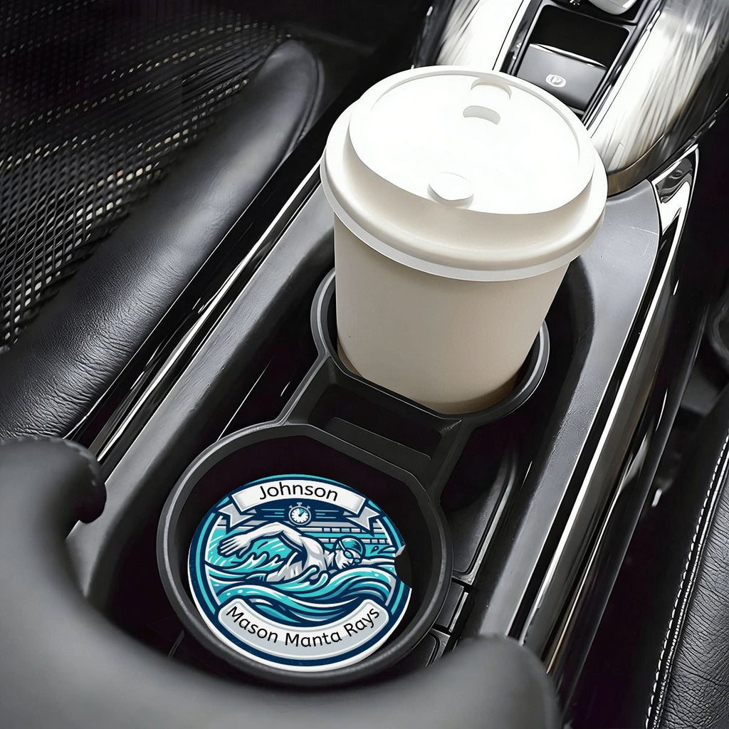 Car cup holder with personalized coaster and coffee cup