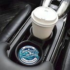 Car cup holder with personalized coaster and coffee cup