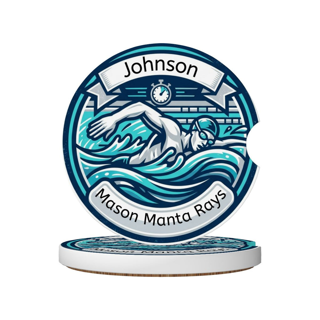 Circular car coaster with a swimmer and text 'Johnson Mason Manta Rays' on a white background