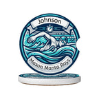 Circular car coaster with a swimmer and text 'Johnson Mason Manta Rays' on a white background