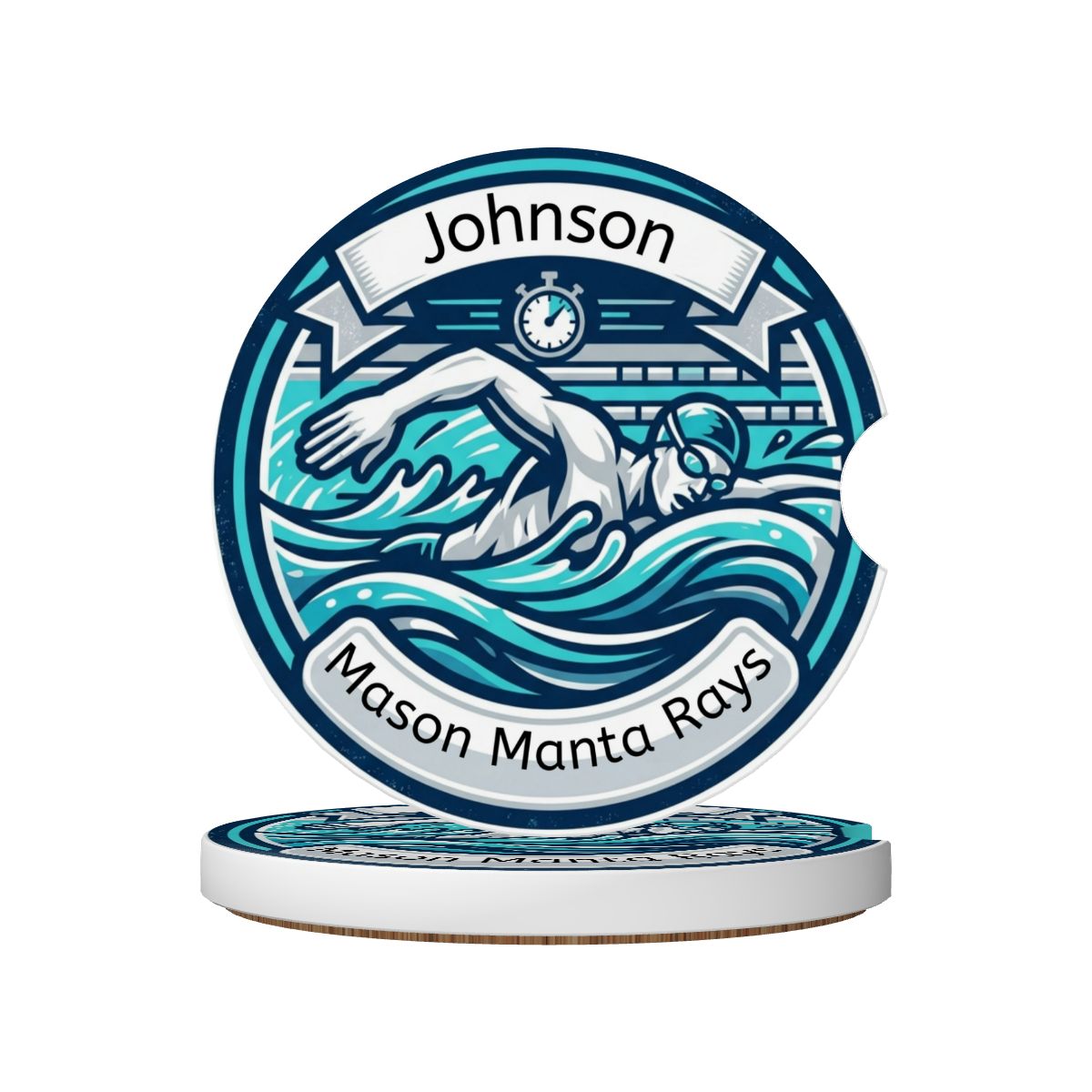 Circular car coaster with a swimmer and text 'Johnson Mason Manta Rays' on a white background