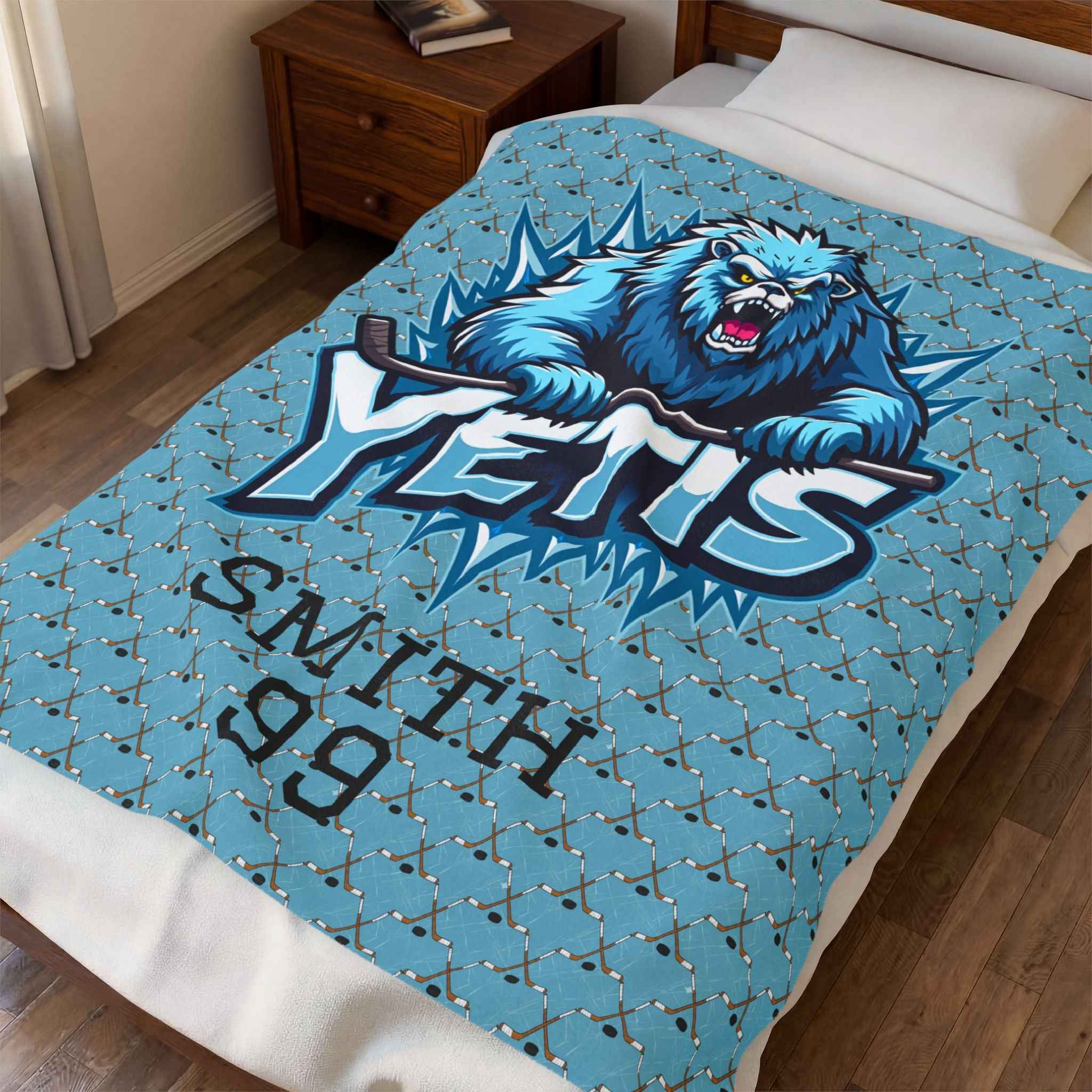 Personalized Hockey Velveteen Blanket — Custom Team Logo, Player Name & Number