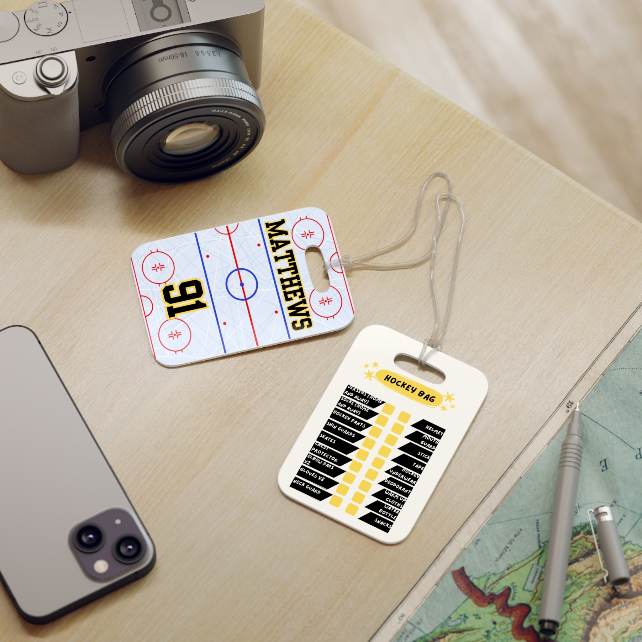 Hockey Luggage Tag — Customizable Name & Number with Game Checklist