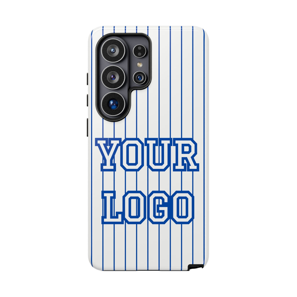 Phone case with blue and white striped pattern and customizable text area.