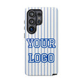 Phone case with blue and white striped pattern and customizable text area.
