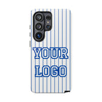 Phone case with blue and white striped pattern and customizable text area.