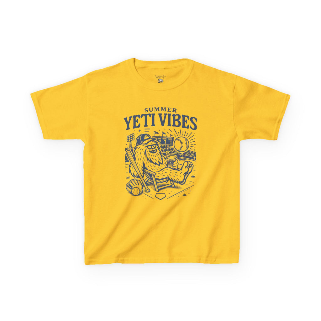 Yellow t-shirt with 'Summer Yeti Vibes' graphic design on a white background