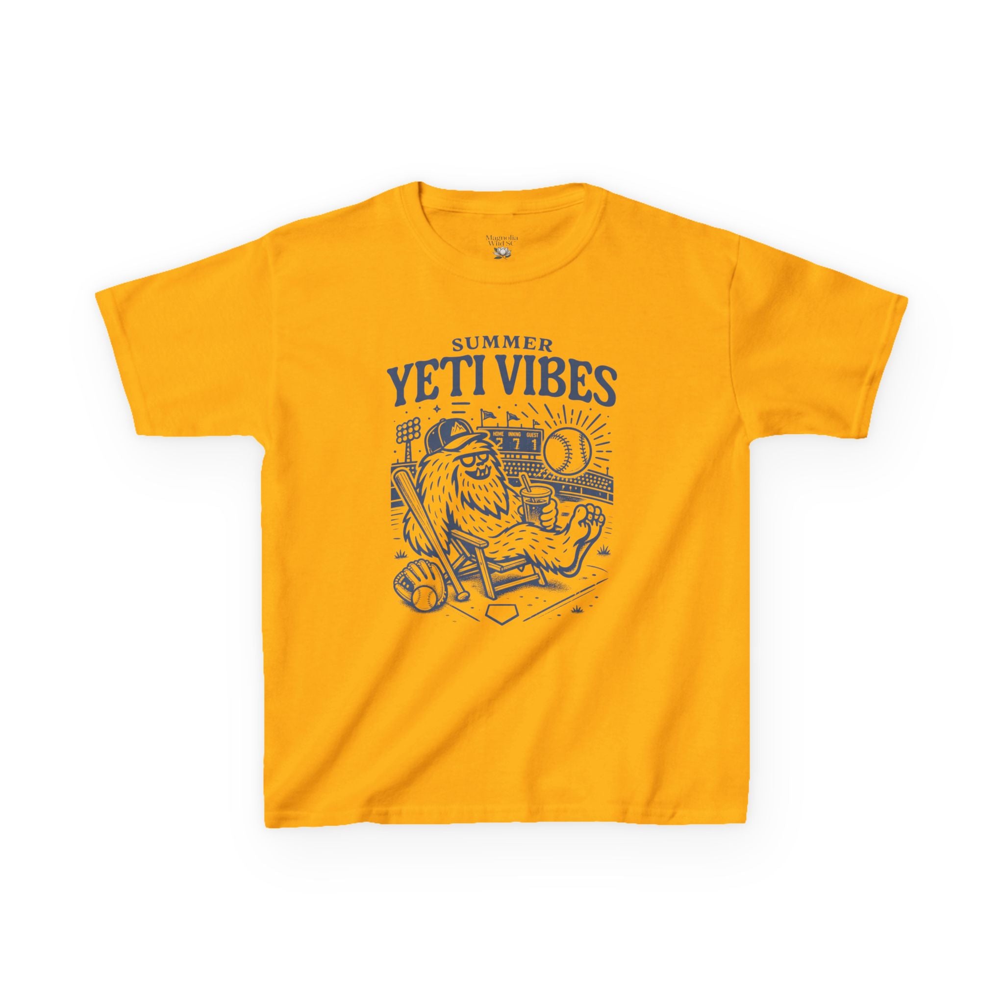 Yellow t-shirt with 'Summer Yeti Vibes' graphic design on a white background