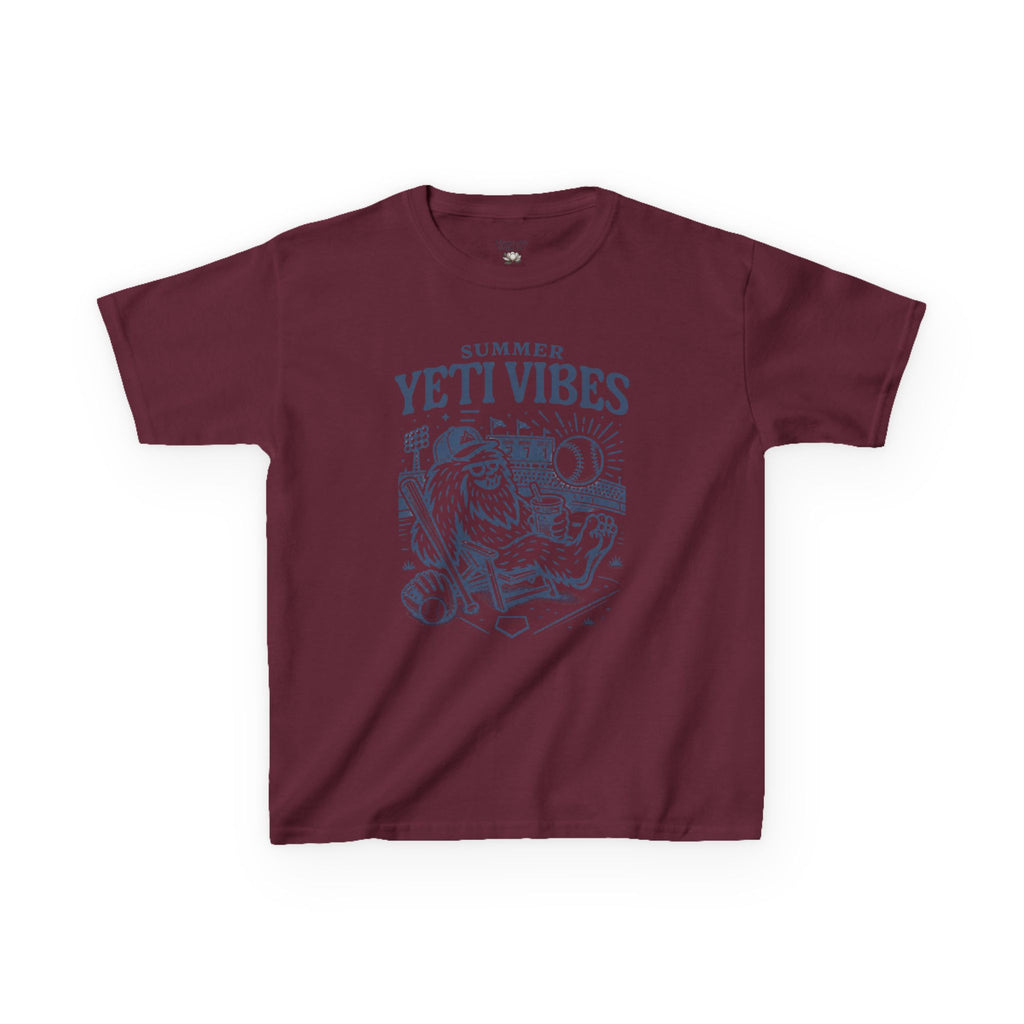 Maroon t-shirt with 'Yetti Vibes' graphic design on a white background