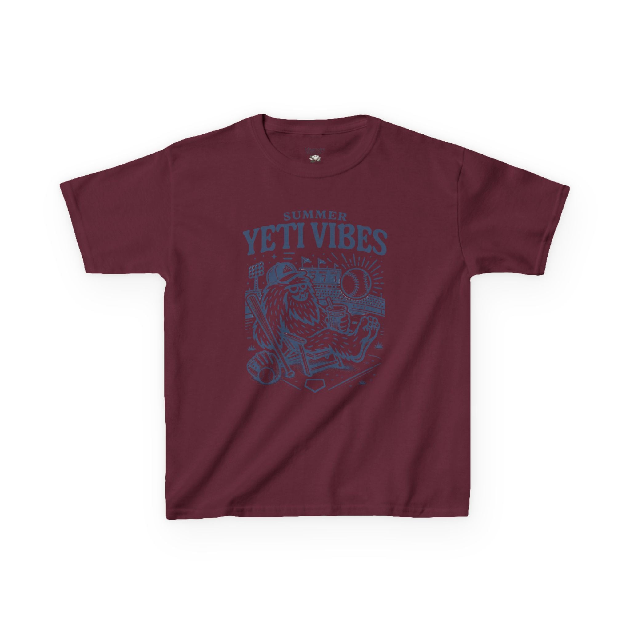 Maroon t-shirt with 'Yetti Vibes' graphic design on a white background