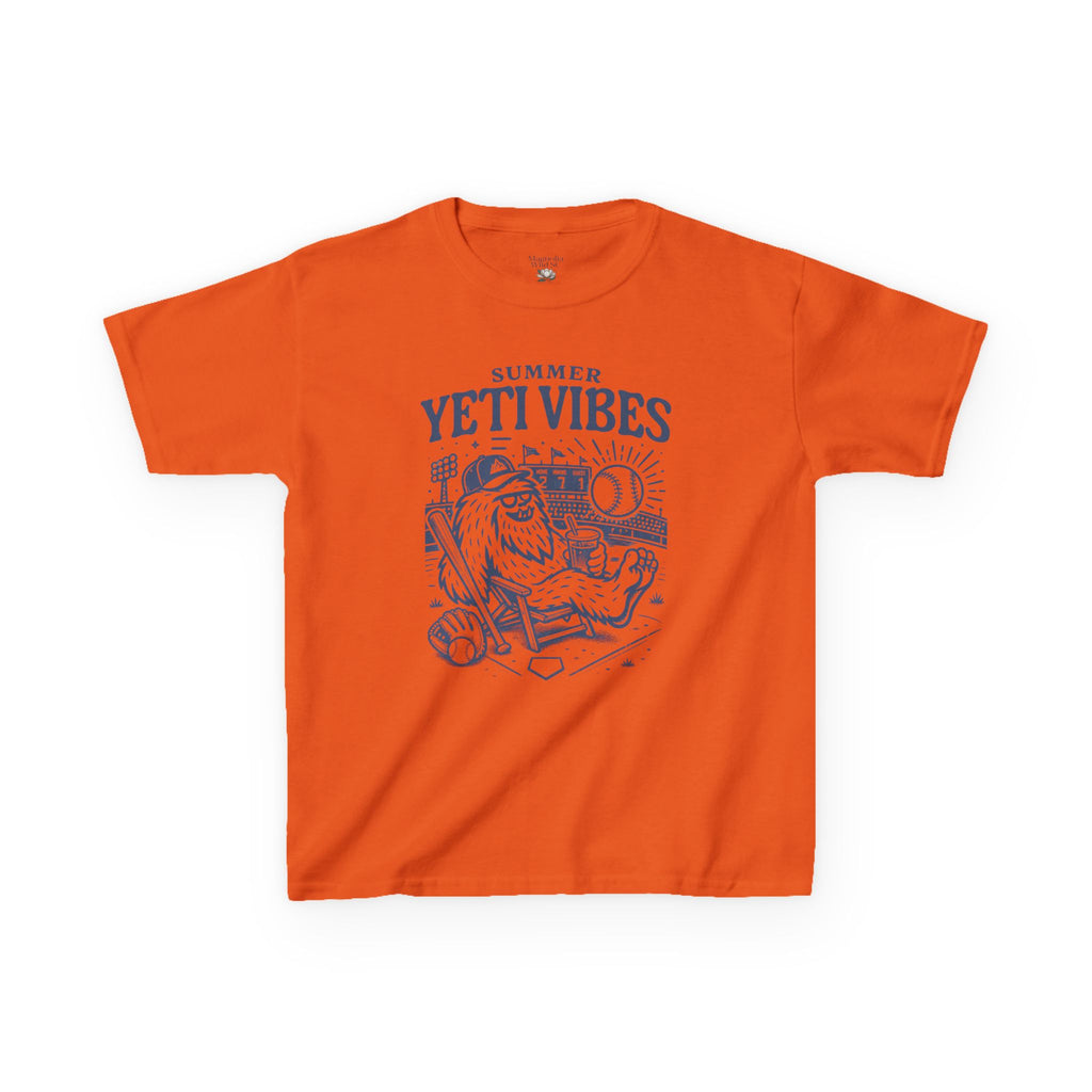 Orange t-shirt with 'Summer Yeti Vibes' graphic design on a white background