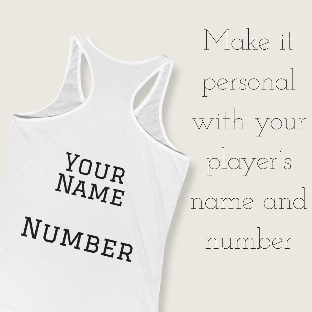 White tank top with customizable text on a light background