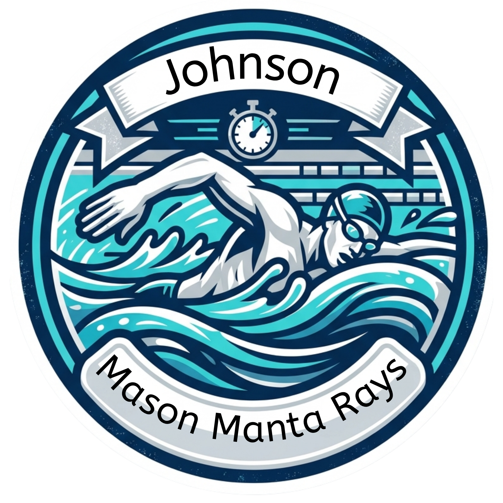 Circular logo with a swimmer and text 'Johnson Mason Manta Rays' on a white background