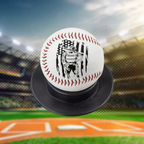 Baseball with personalized engraving on a stand against a sports field background