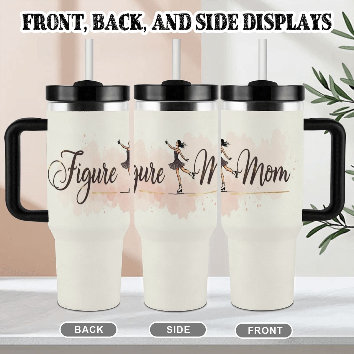 Elegant Watercolor Figure Skating Mom 40oz Insulated Tumbler with Handle and Straw - Magnolia Wild SC