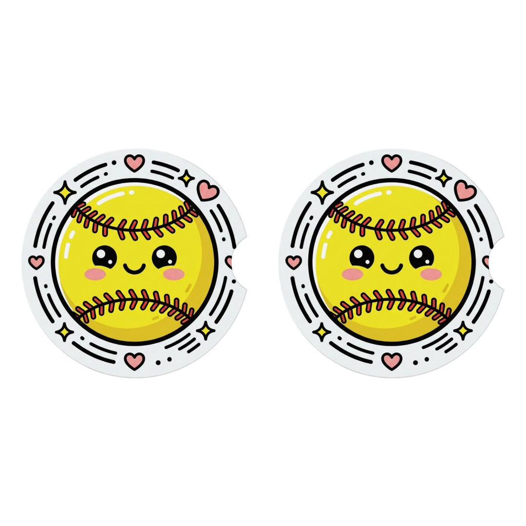 Two yellow softball-shaped car coaster with a cute face design on a white background.