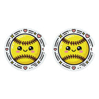 Two yellow softball-shaped car coaster with a cute face design on a white background.