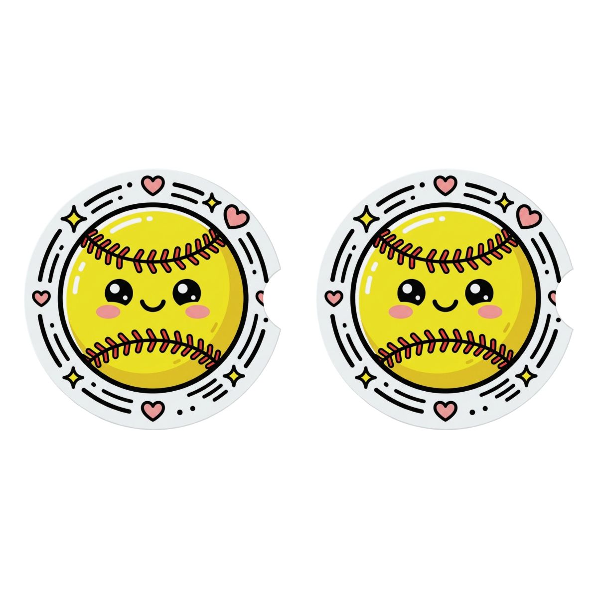 Two yellow softball-shaped car coaster with a cute face design on a white background.