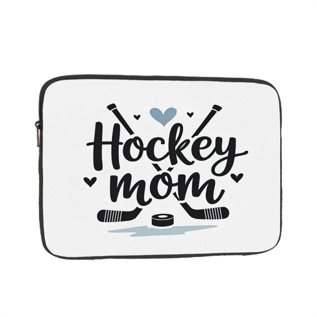White laptop sleeve with 'Hockey Mom' text and hockey-related graphics on a white background