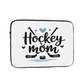 White laptop sleeve with 'Hockey Mom' text and hockey-related graphics on a white background