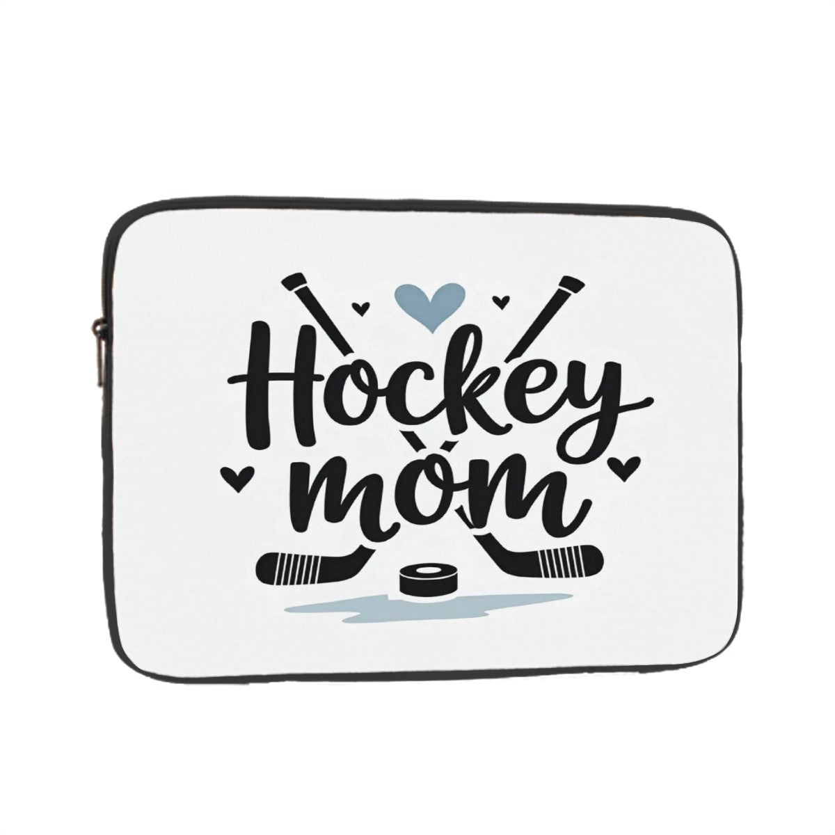 White laptop sleeve with 'Hockey Mom' text and hockey-related graphics on a white background
