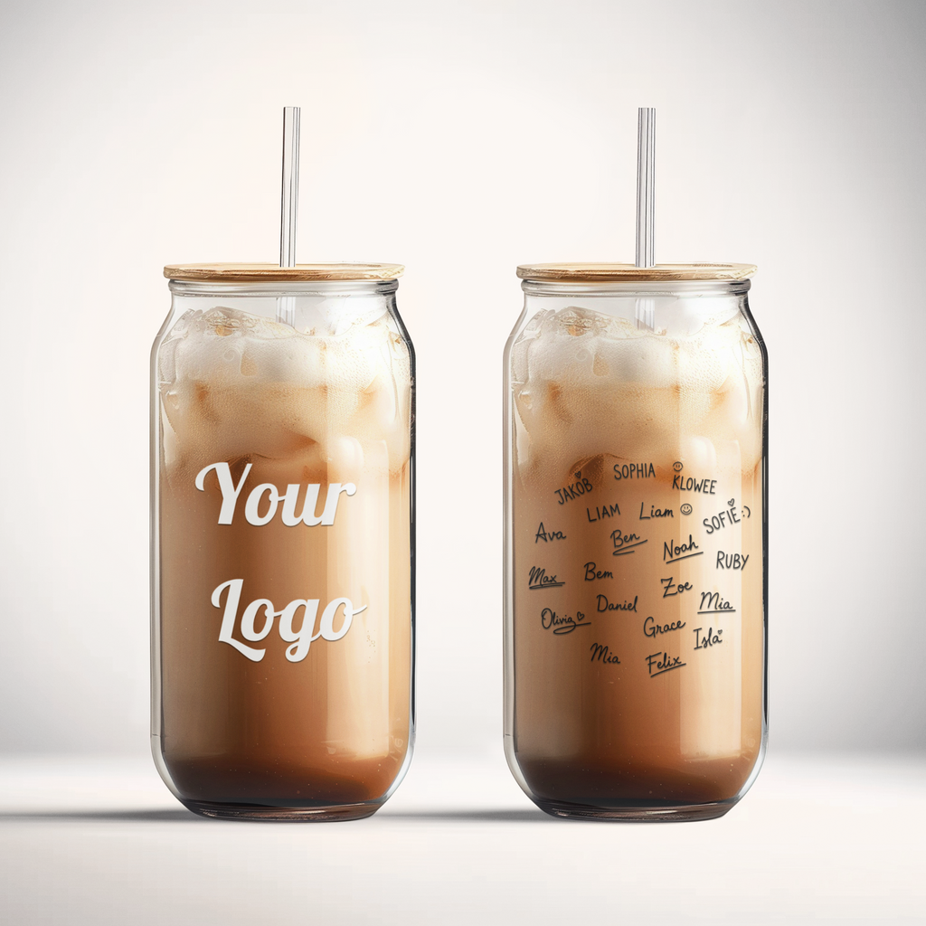 Two iced coffee cups with straws on a gray background