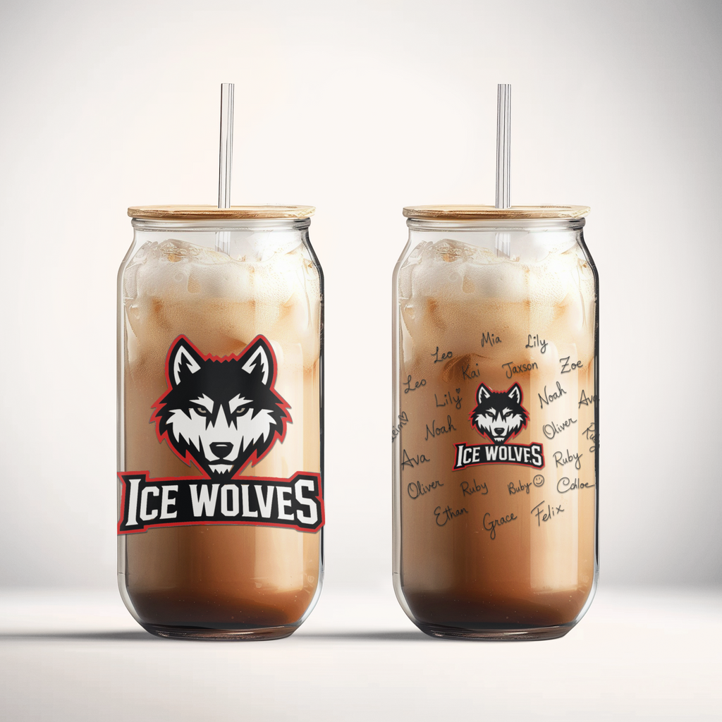 Two iced beverages in tall glasses with straws, featuring an Ice Wolves logo on a gray background.
