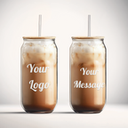 Two glass tumblers with a layered drink and wooden lids on a gray background