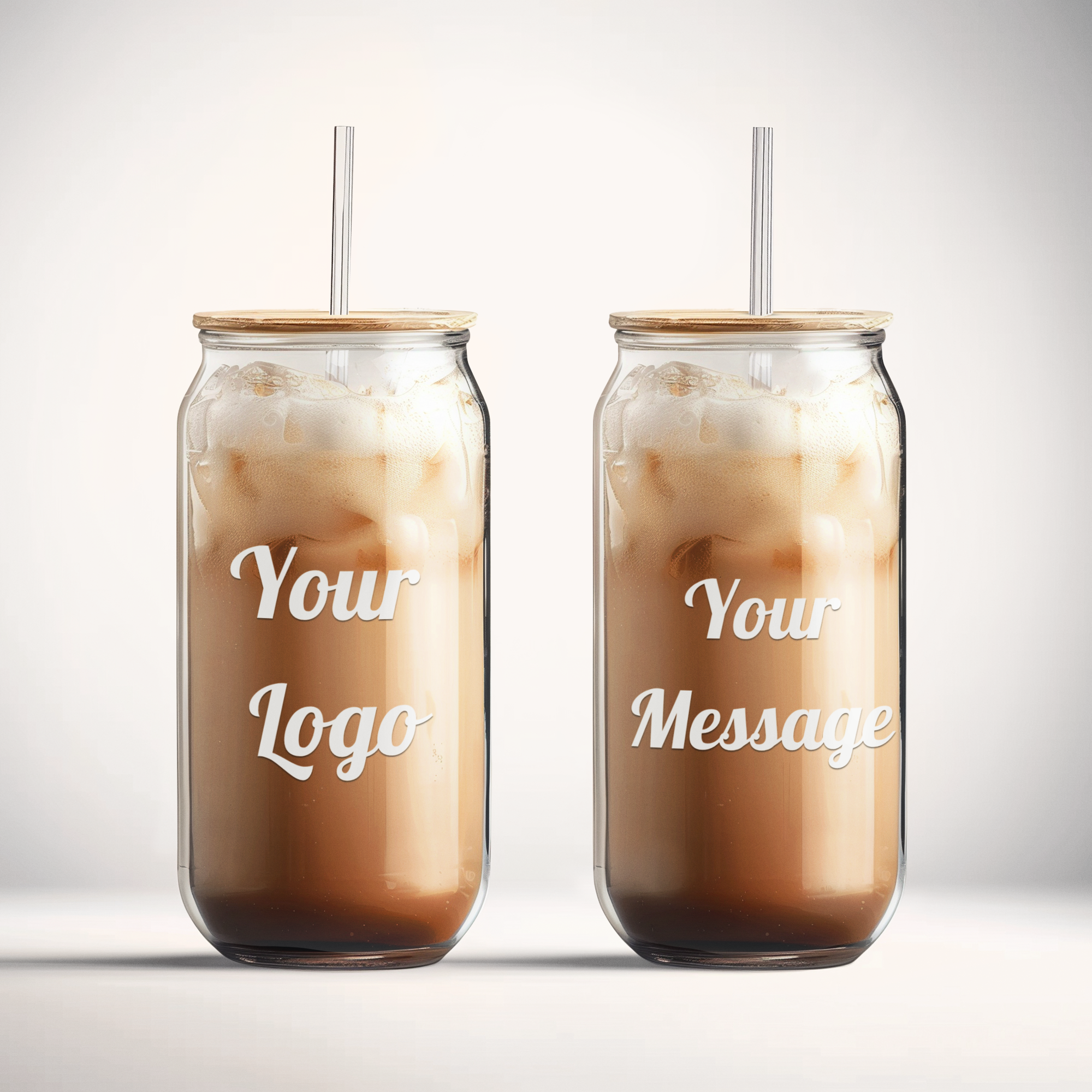 Two glass tumblers with a layered drink and wooden lids on a gray background