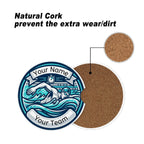 Decorative swimmer emblem with cork material feature on a white background
