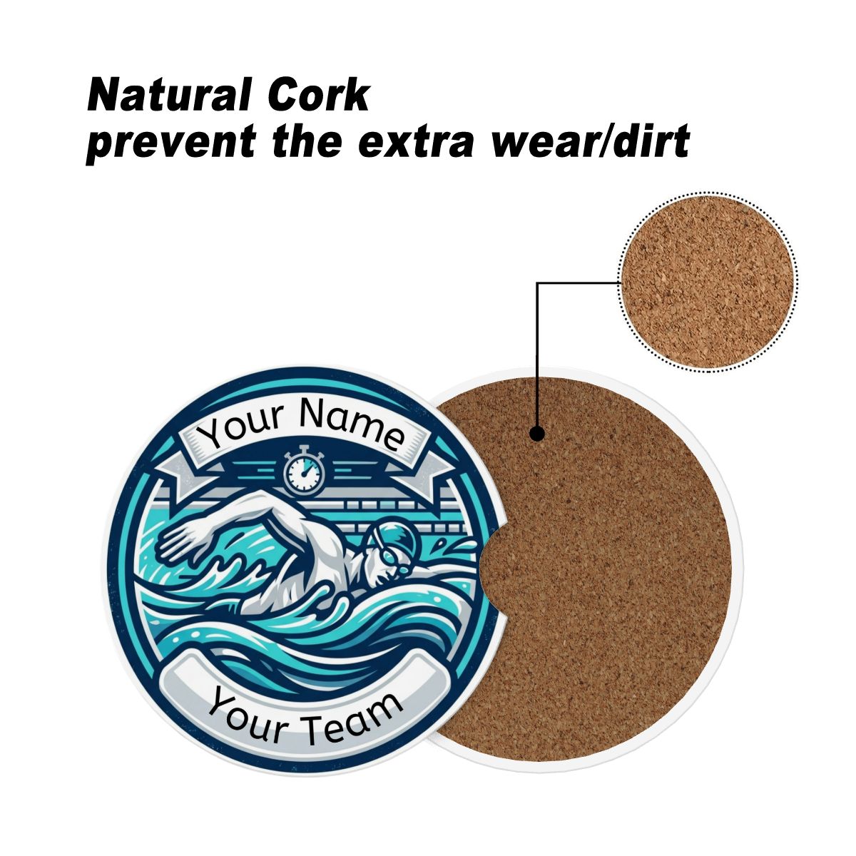 Decorative swimmer emblem with cork material feature on a white background