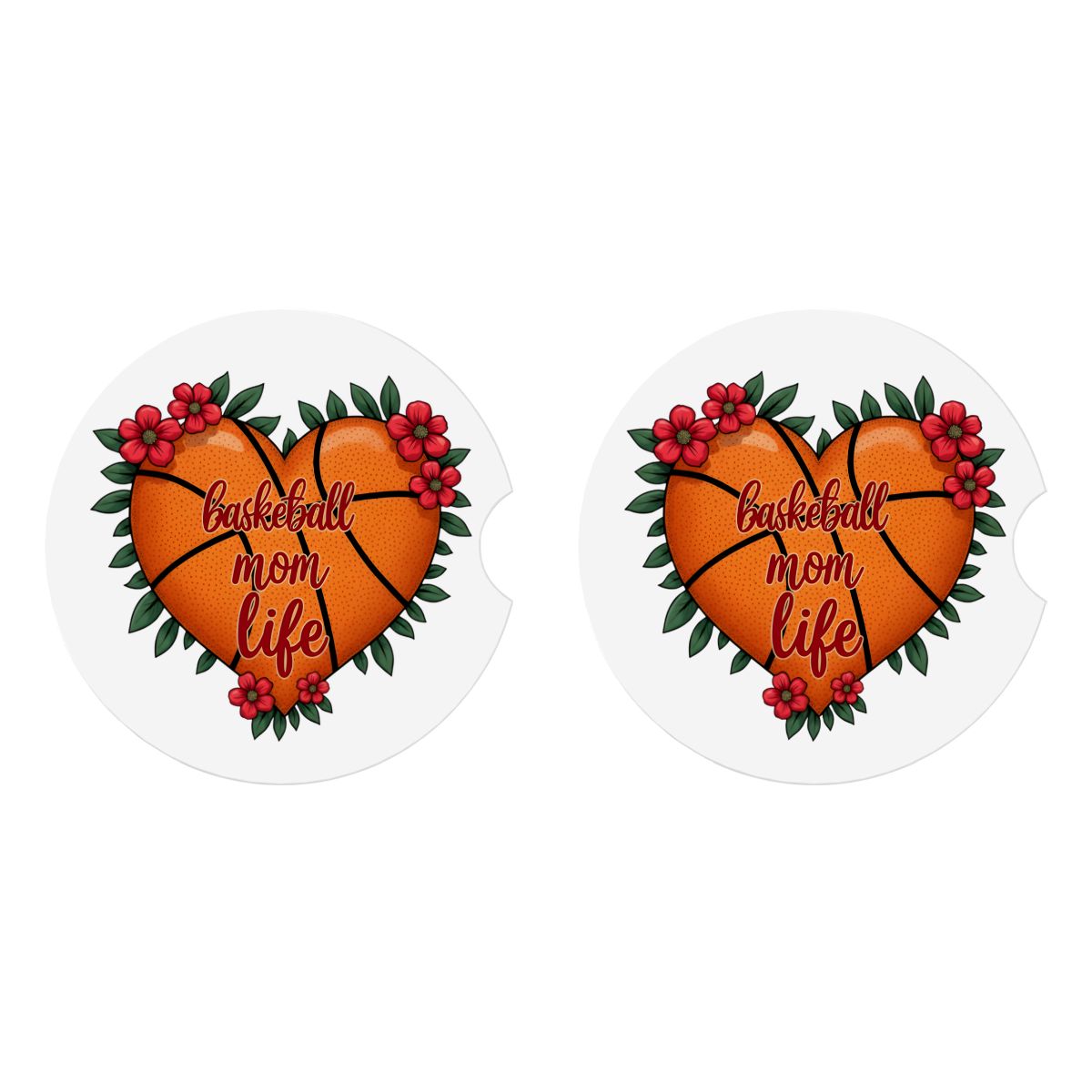Basketball Mom Car Coasters – 2 Pack Ceramic Absorbent Cup Holder Inserts with Cork Base - Magnolia Wild SC