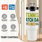 White tumbler with "Tennis Match Day Mom" text and measurements on a white background
