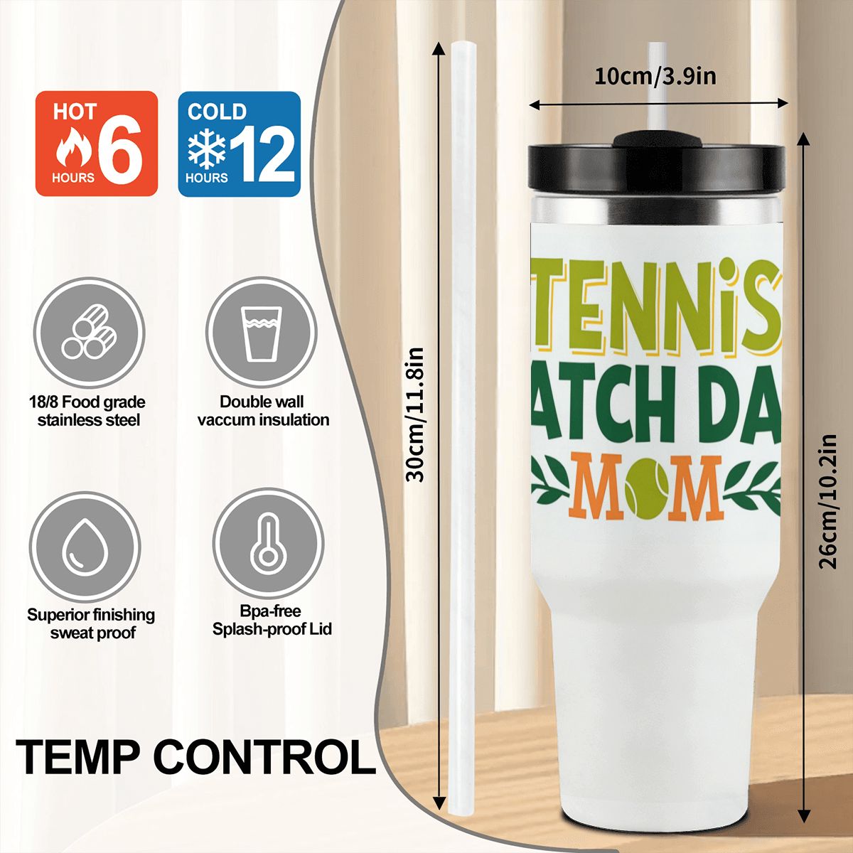White tumbler with "Tennis Match Day Mom" text and measurements on a white background