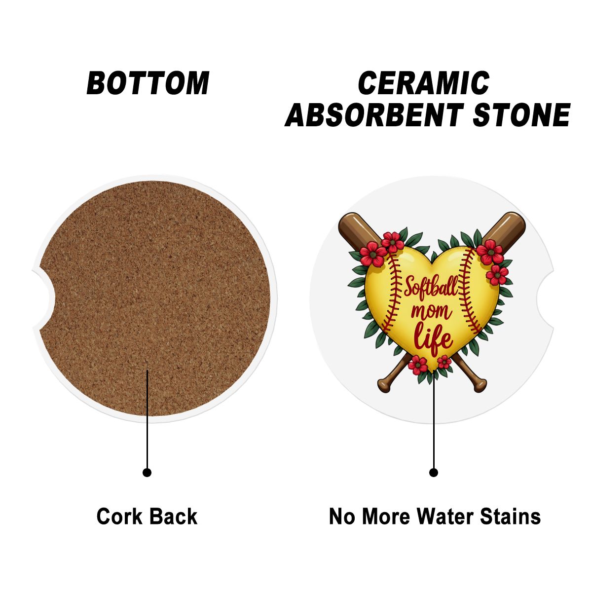 Softball Mom Car Coasters – 2 Pack Ceramic Absorbent Cup Holder Inserts with Cork Base - Magnolia Wild SC