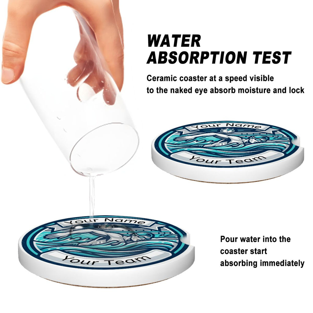 Ceramic coaster with blue swim wave design being tested for water absorption with text on a white background.