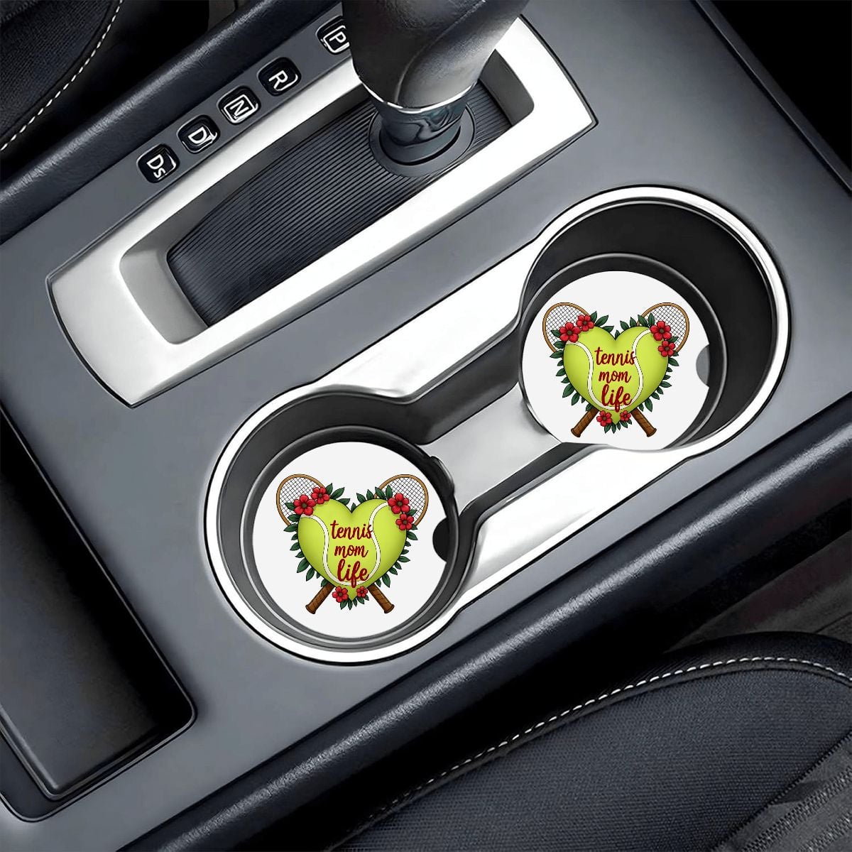 Tennis Mom Car Coasters – 2 Pack Ceramic Absorbent Cup Holder Inserts with Cork Base - Magnolia Wild SC