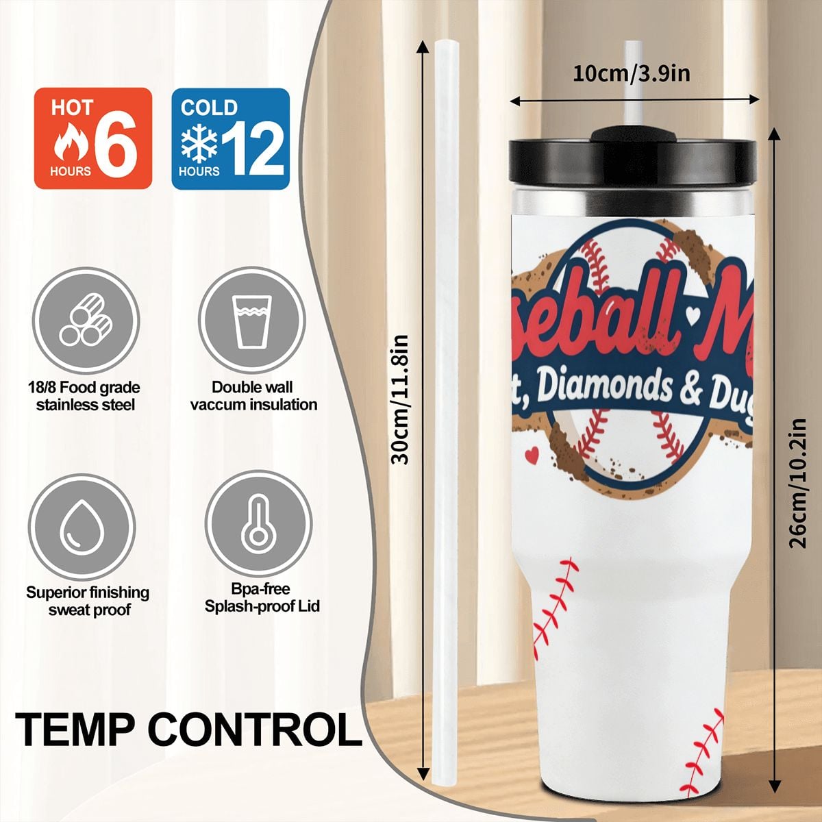 Baseball Mom "Dirt, Diamonds & Dugouts" 40oz Insulated Tumbler with Handle and Straw - Magnolia Wild SC