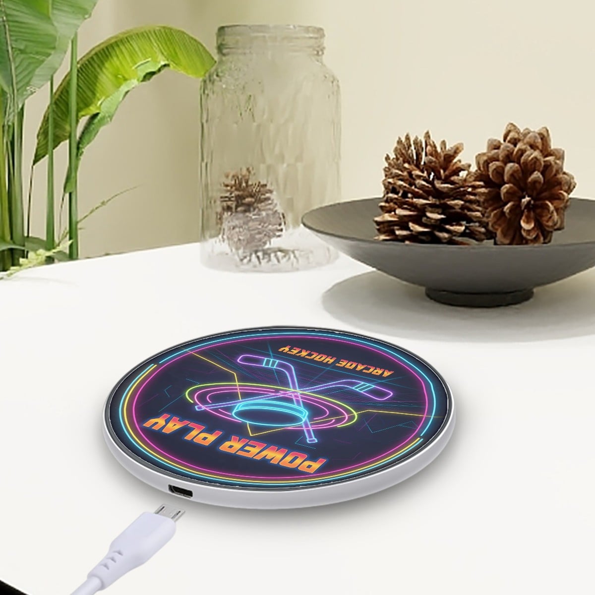 Neon Hockey Arcade Wireless Charging Pad – Fast 10W Compact Charger - Magnolia Wild SC