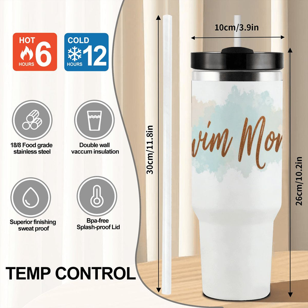 White tumbler with 'Swim mom' text, featuring temperature control details and dimensions.