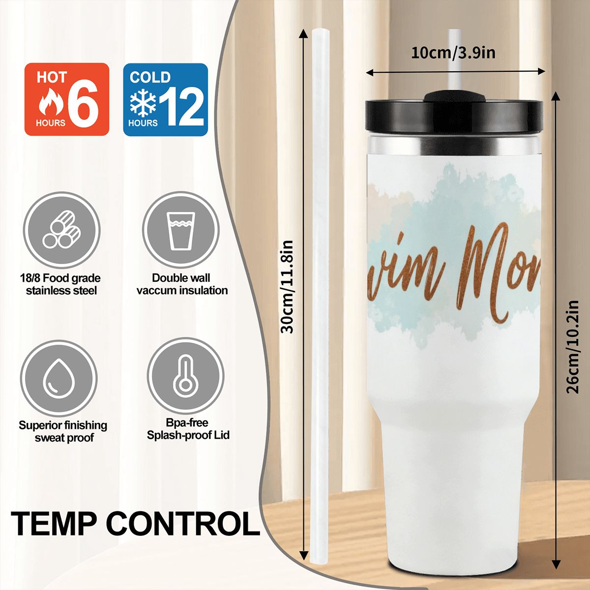 White tumbler with 'Swim mom' text, featuring temperature control details and dimensions.