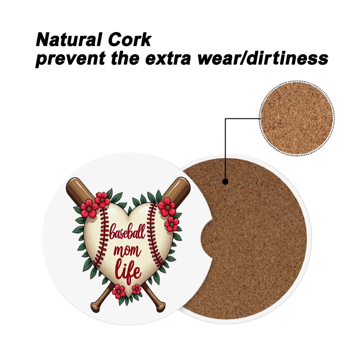 Baseball Mom Car Coasters – 2 Pack Ceramic Absorbent Cup Holder Inserts with Cork Base - Magnolia Wild SC