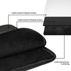 Black laptop cover with labeled features on a white background