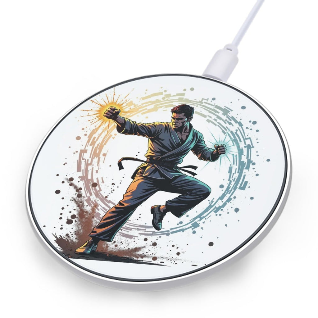 Wireless charging pad with a martial artist design on a white background