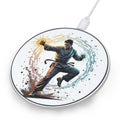Wireless charging pad with a martial artist design on a white background