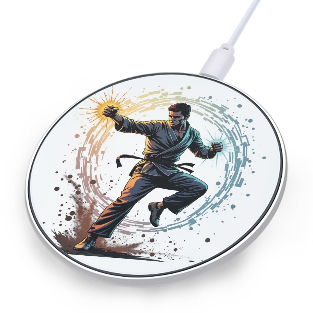 Wireless charging pad with a martial artist design on a white background