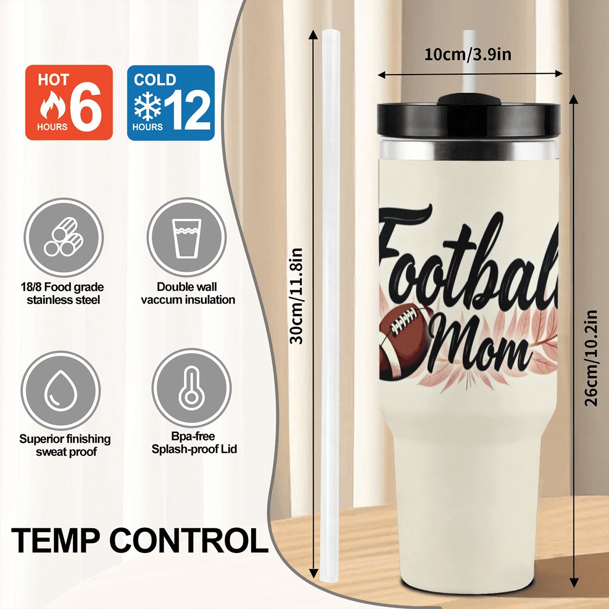 Elegant Football Mom 40oz Insulated Tumbler with Handle and Straw - Magnolia Wild SC