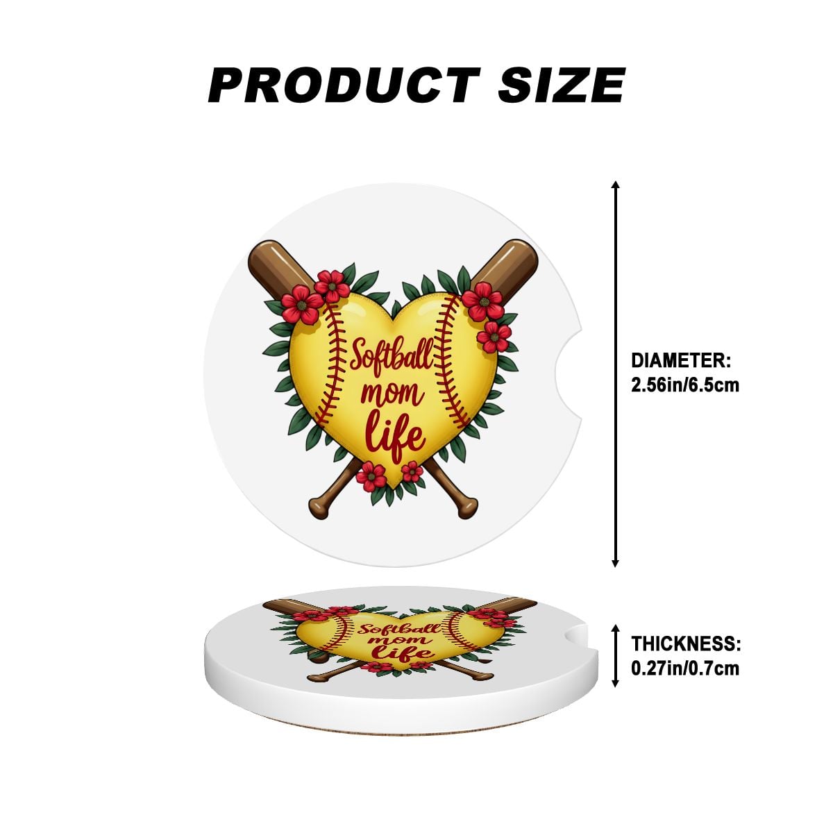 Softball Mom Car Coasters – 2 Pack Ceramic Absorbent Cup Holder Inserts with Cork Base - Magnolia Wild SC